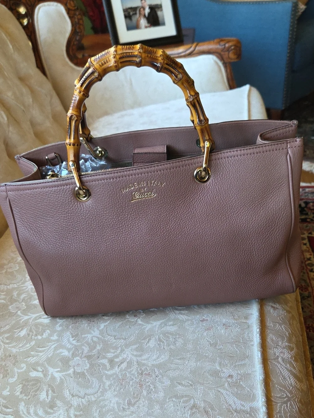 Gucci Pink Lavender Leather Tote with Bamboo Handles